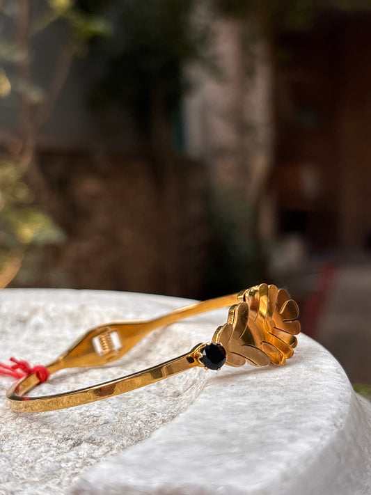Gold Plated Rose Design Bangle with Black Stone