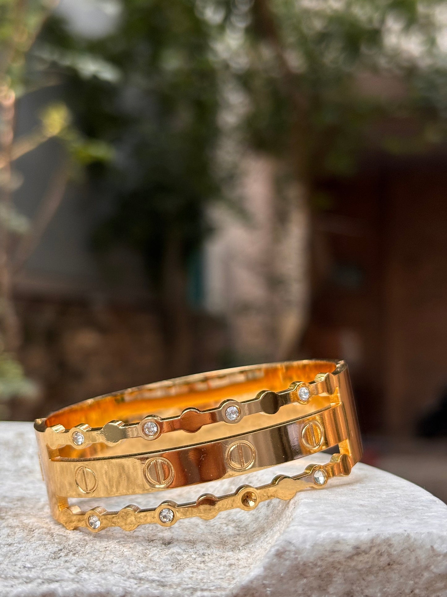 Gold Triple Layer Bangle with Stone Detailing