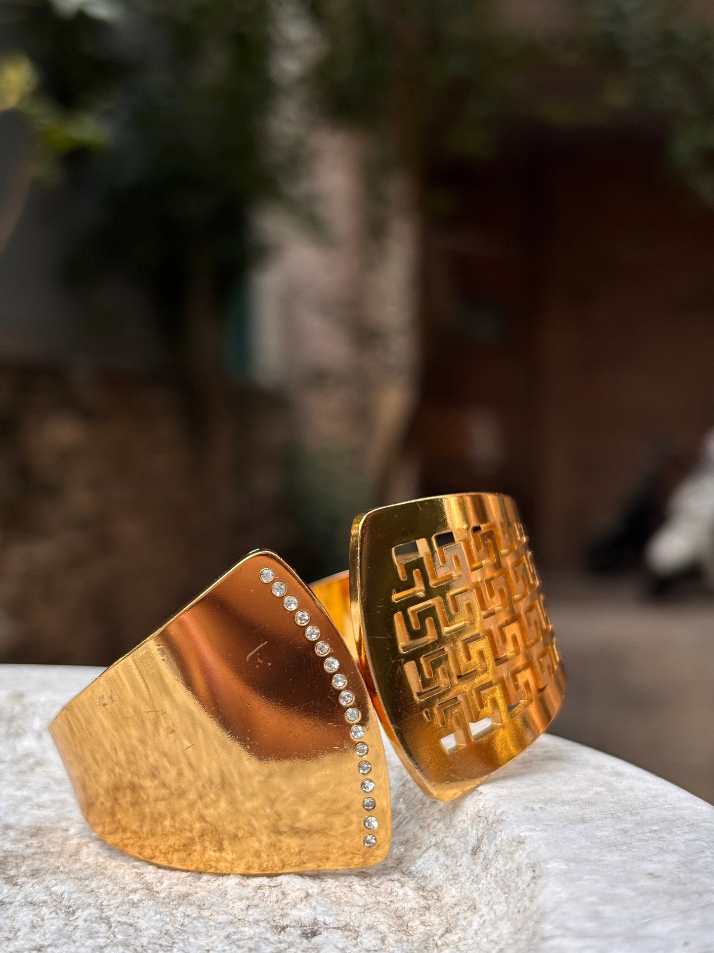 Gold Wide Bracelet with Geometric Cutwork and Stone Accents