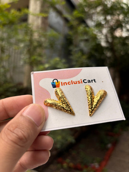Anti-Tarnish Hammered Gold V-Shape Stud Earrings