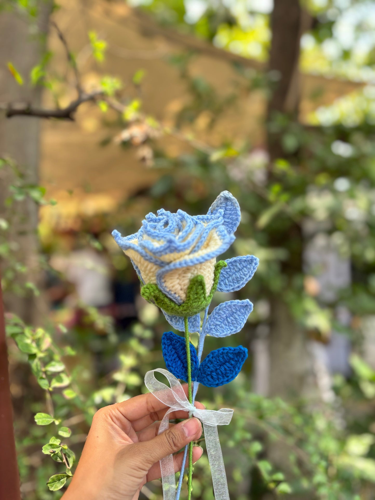 Crochet Flower Bouquet | Blue Bordered Rose | Leaf Stick