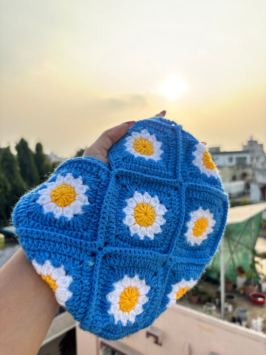 Crochet Tote Bag Blue | Yellow & White Daisy Handmade Crochet Tote Bag for Women
