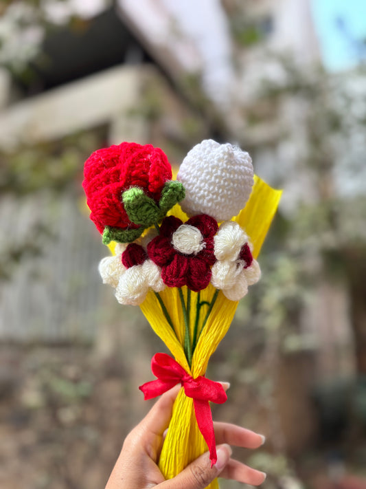 Crochet Bouquet | Red Rose, White Tulip & Red-White Puff Flowers