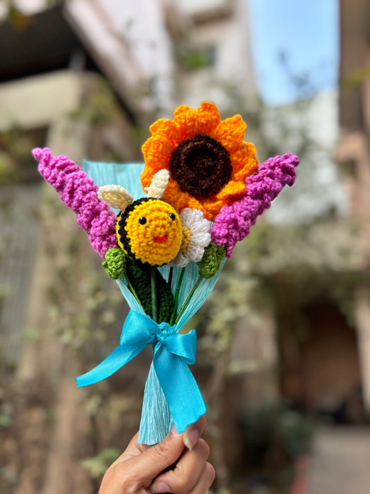Crochet Bouquet | Sunflower, Daisy, Wood sorrel flower, Honeybee Stick