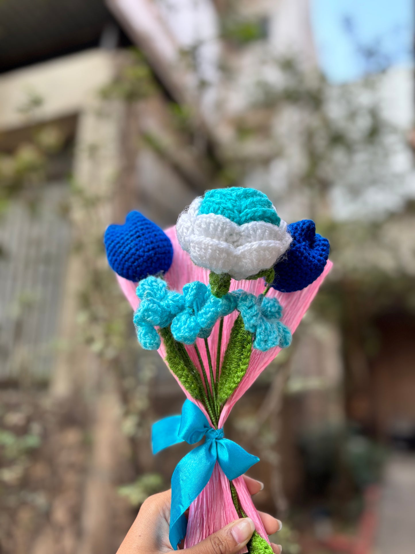 Crochet Bouquet | Blue Rose, Tulip, with Wood Sorrel Flower