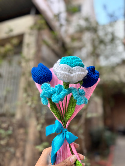 Crochet Bouquet | Blue Rose, Tulip, with Wood Sorrel Flower