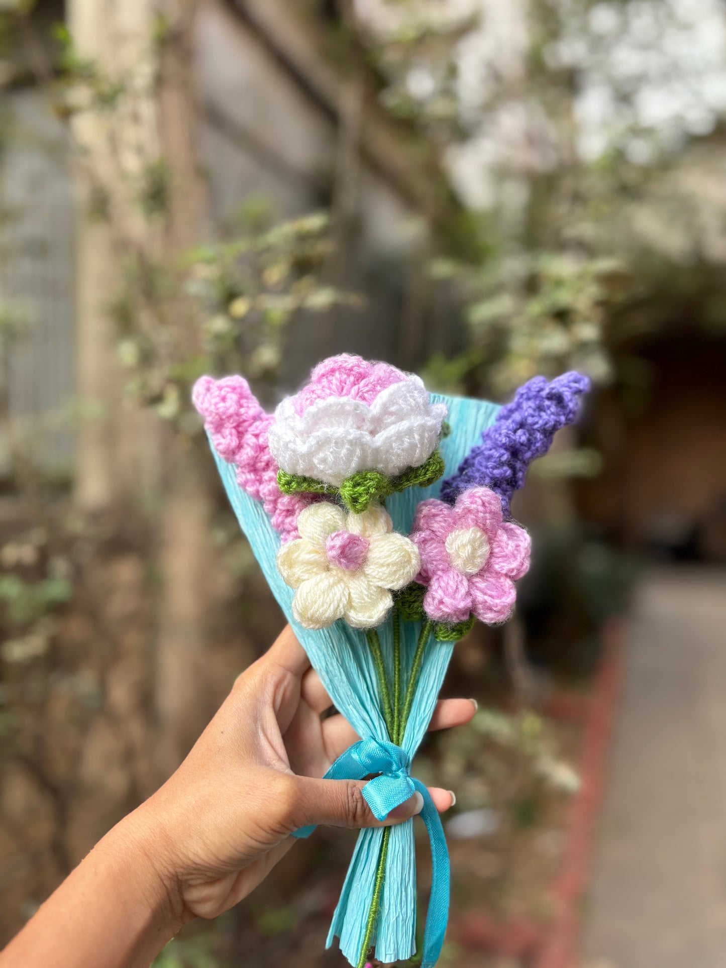 Crochet Bouquet | Pink Rose, Lavender Stick & Puff Flowers