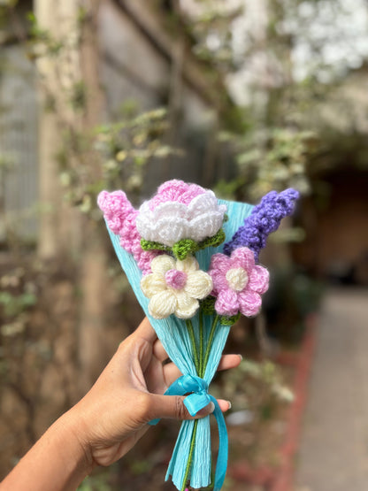 Crochet Bouquet | Pink Rose, Lavender Stick & Puff Flowers