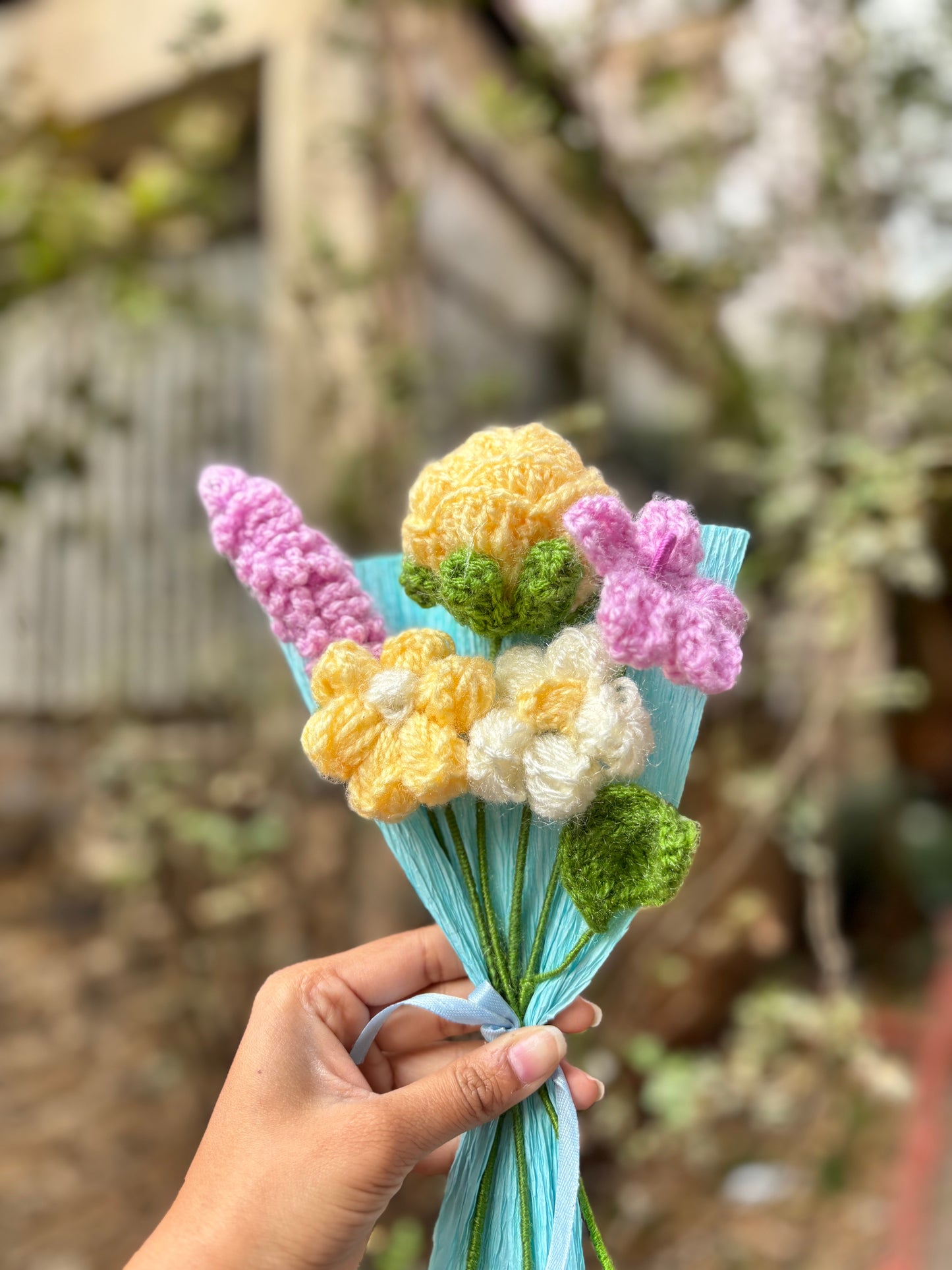 Crochet Bouquet | Yellow Rose, Lavender Stick & Puff Flowers