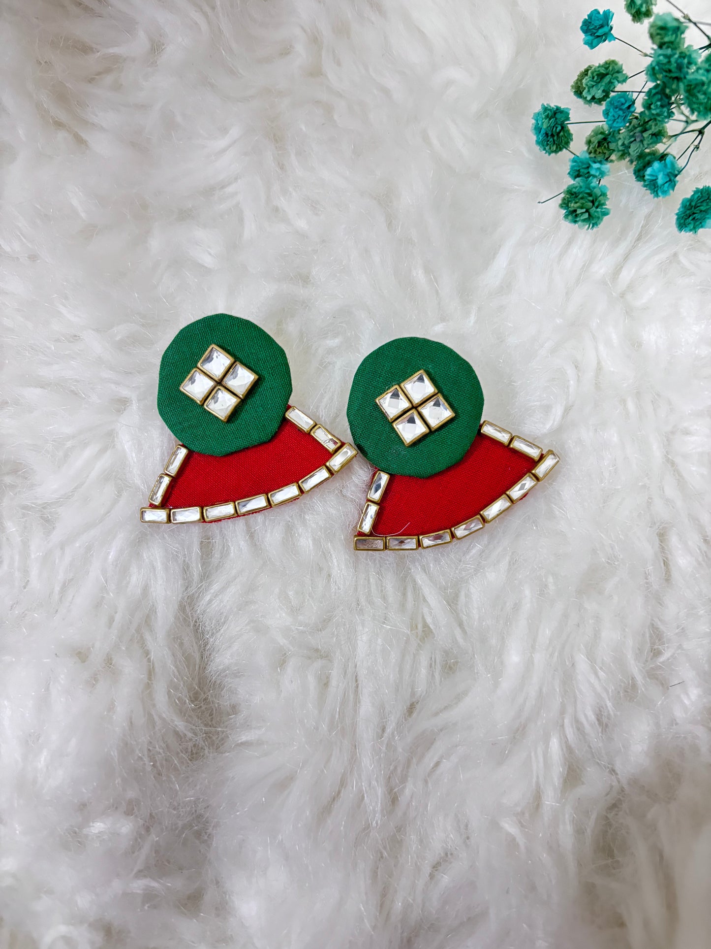 Green and Red Fabric kundan Earrings