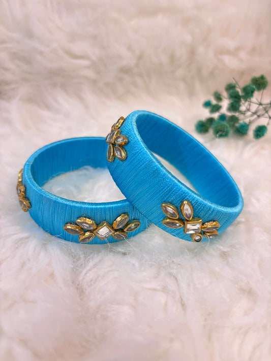 Blue Kundan Work Thread Bangles