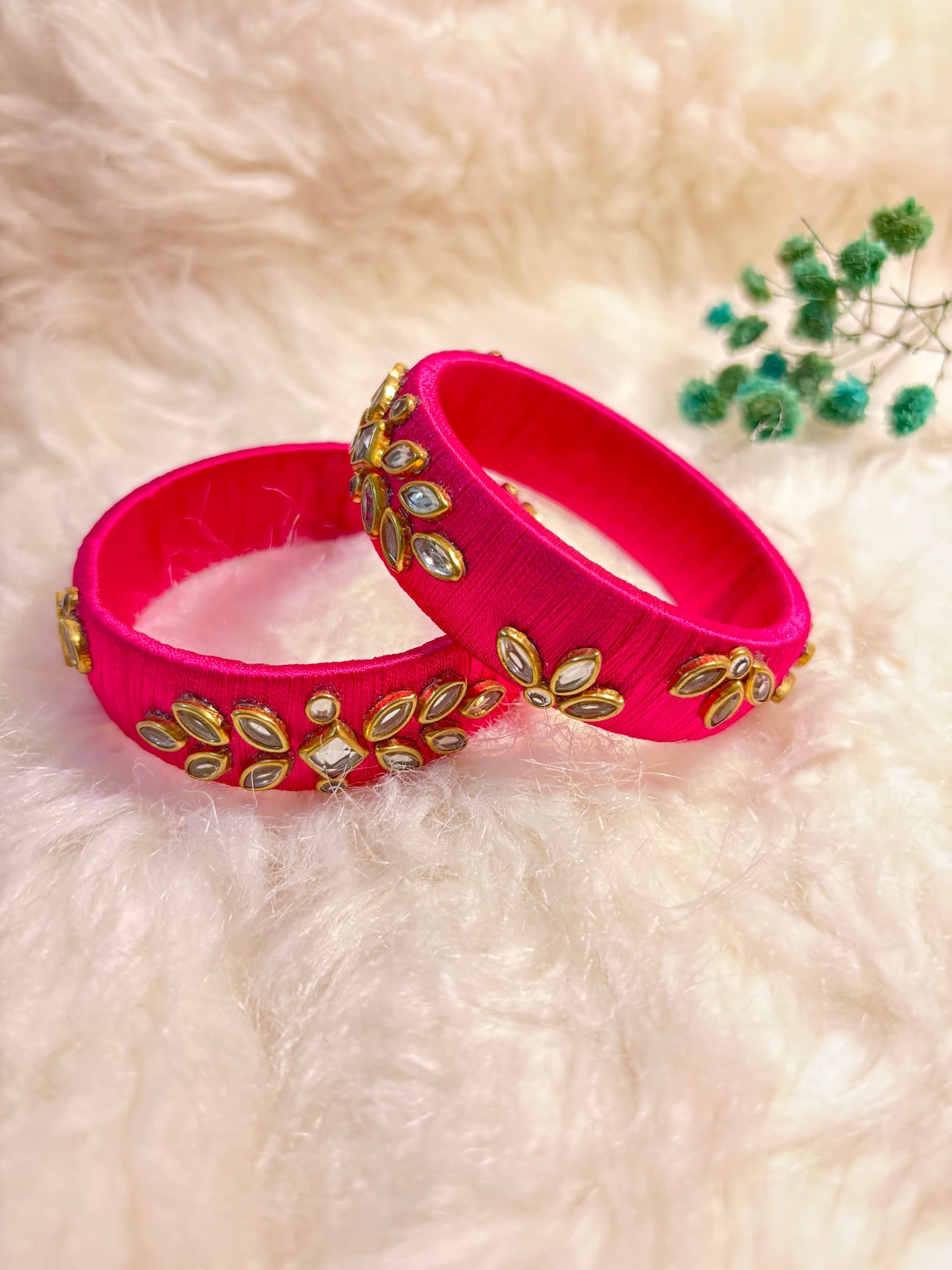 Pink Kundan Work Thread Bangles