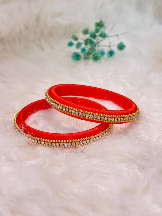 Elegant Stone Work Thread Bangles Orange