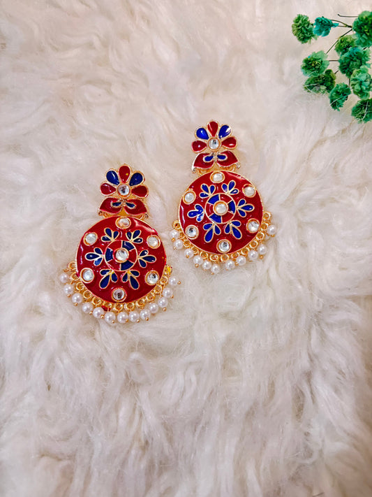 Floral Meenakari Chandbali Earrings Red