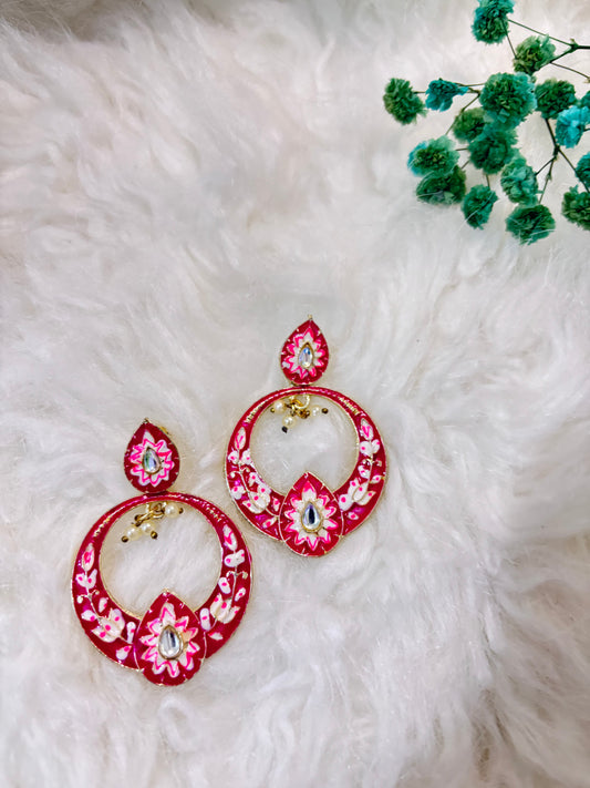 Magenta Glossy Meenakari Drop Earrings