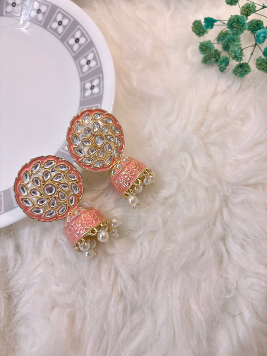 Fancy Peach Kundan Jhumka Earrings