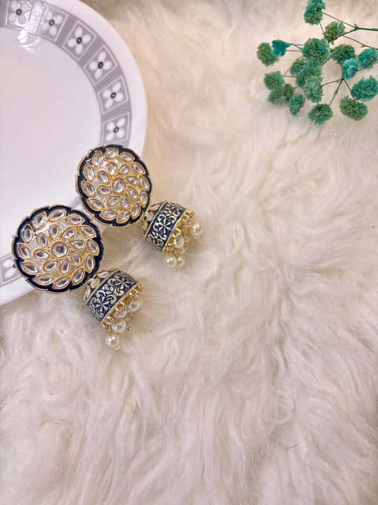 Fancy Midnight Blue Kundan Jhumka Earrings