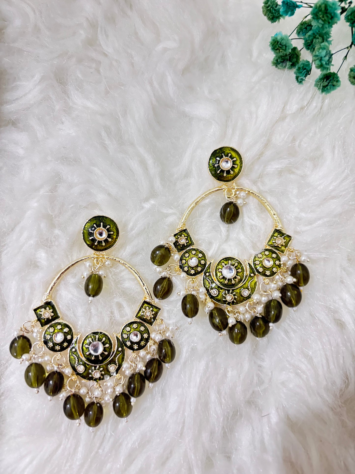 Mehendi Green Beads Chandbali Earrings