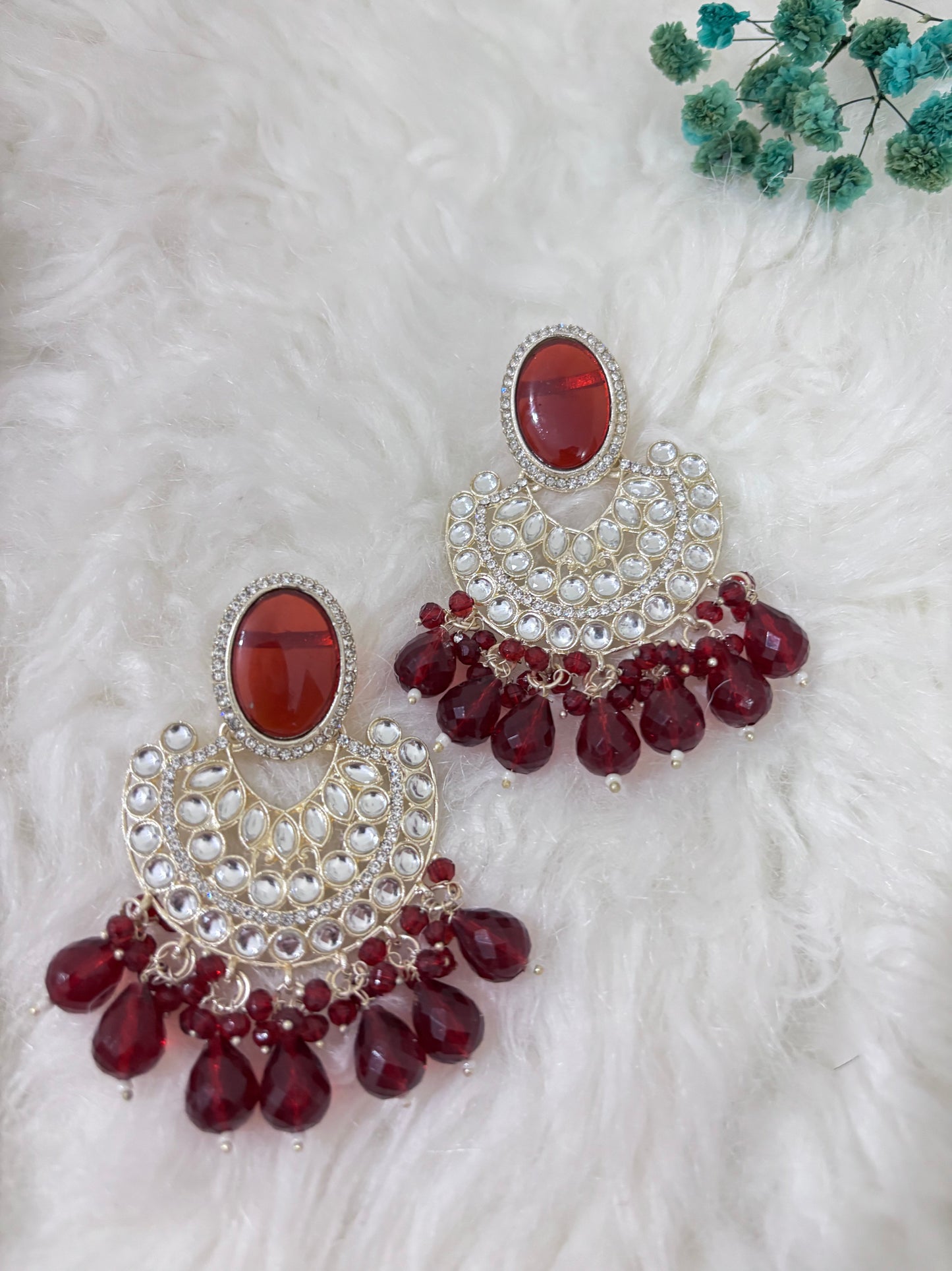 Kundan Studded Contemporary Drop Earrings | Maroon