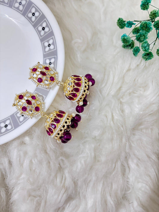 Maroon Beads Kundan Jhumkas