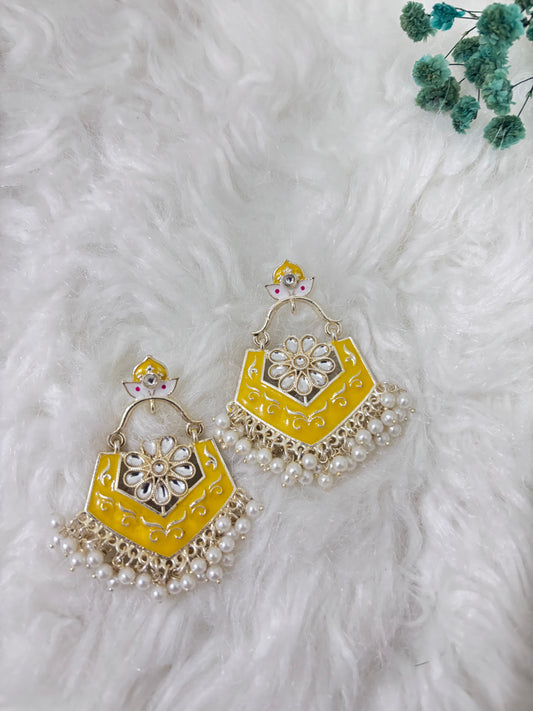 Meenakari Yellow Chandbali Earrings