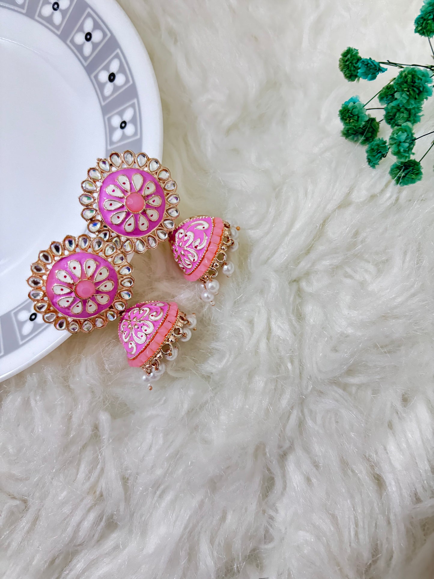 PInk Beads Kundan Jhumkas