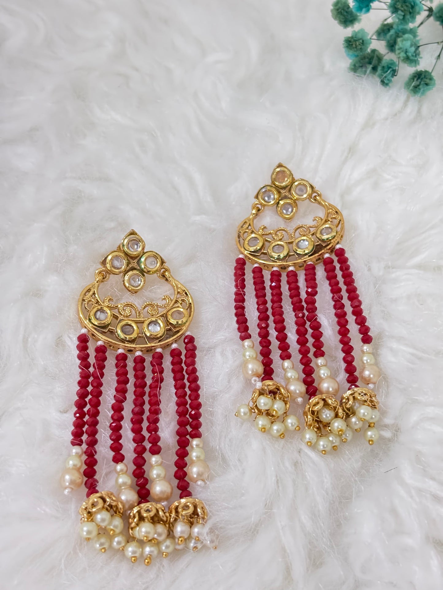 Long Golden Crystal Red Pearl Earrings