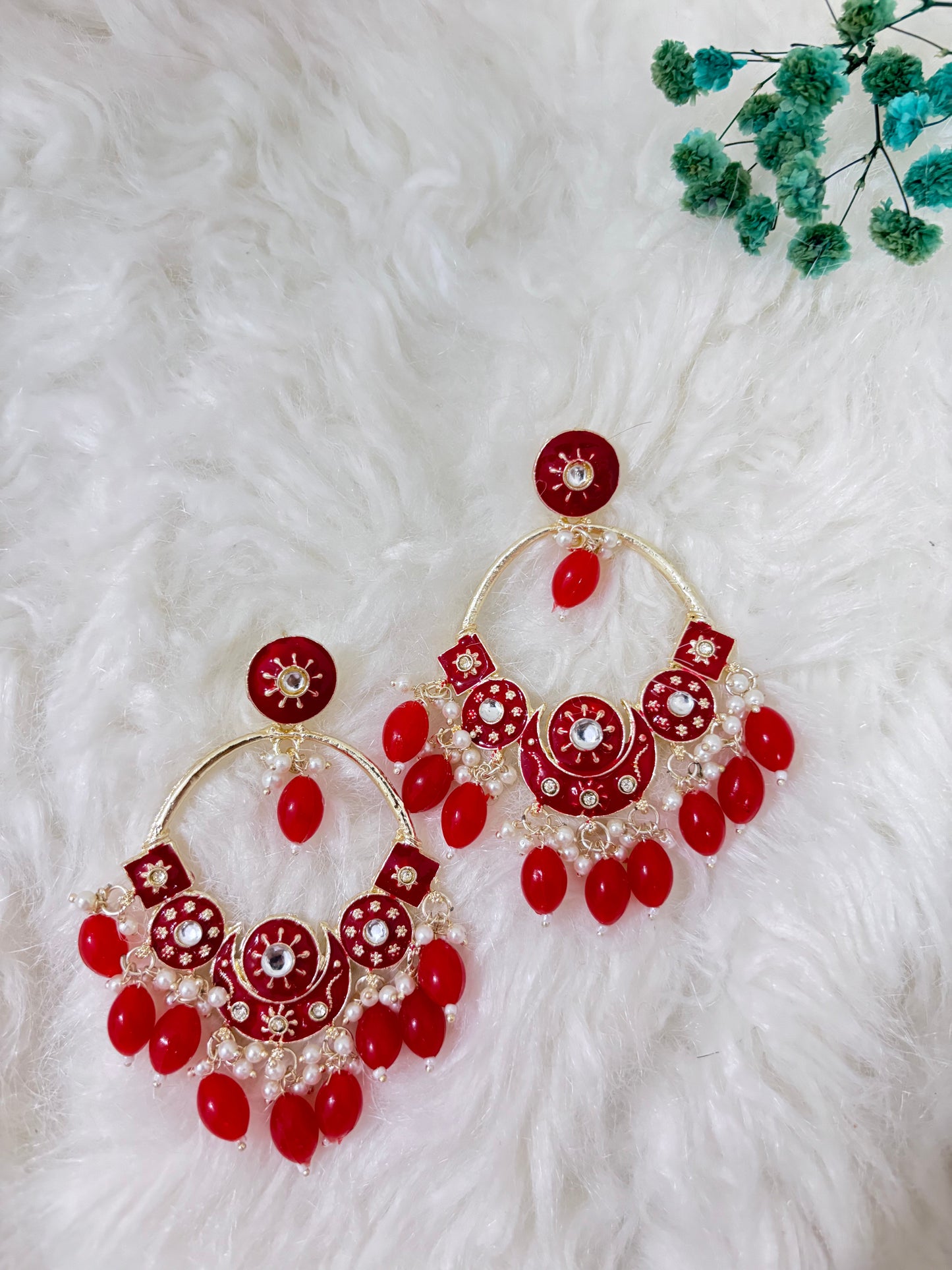 Maroon Kundan Work Beaded Chandbali Earrings