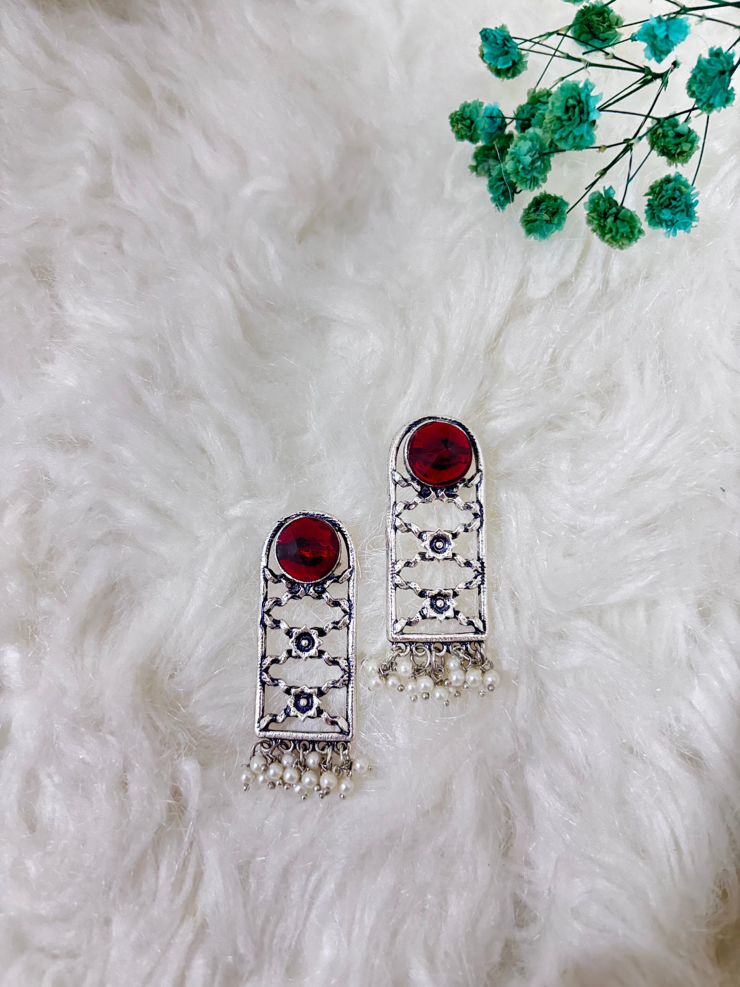 Oxidised Red Stone Dangler Earrings