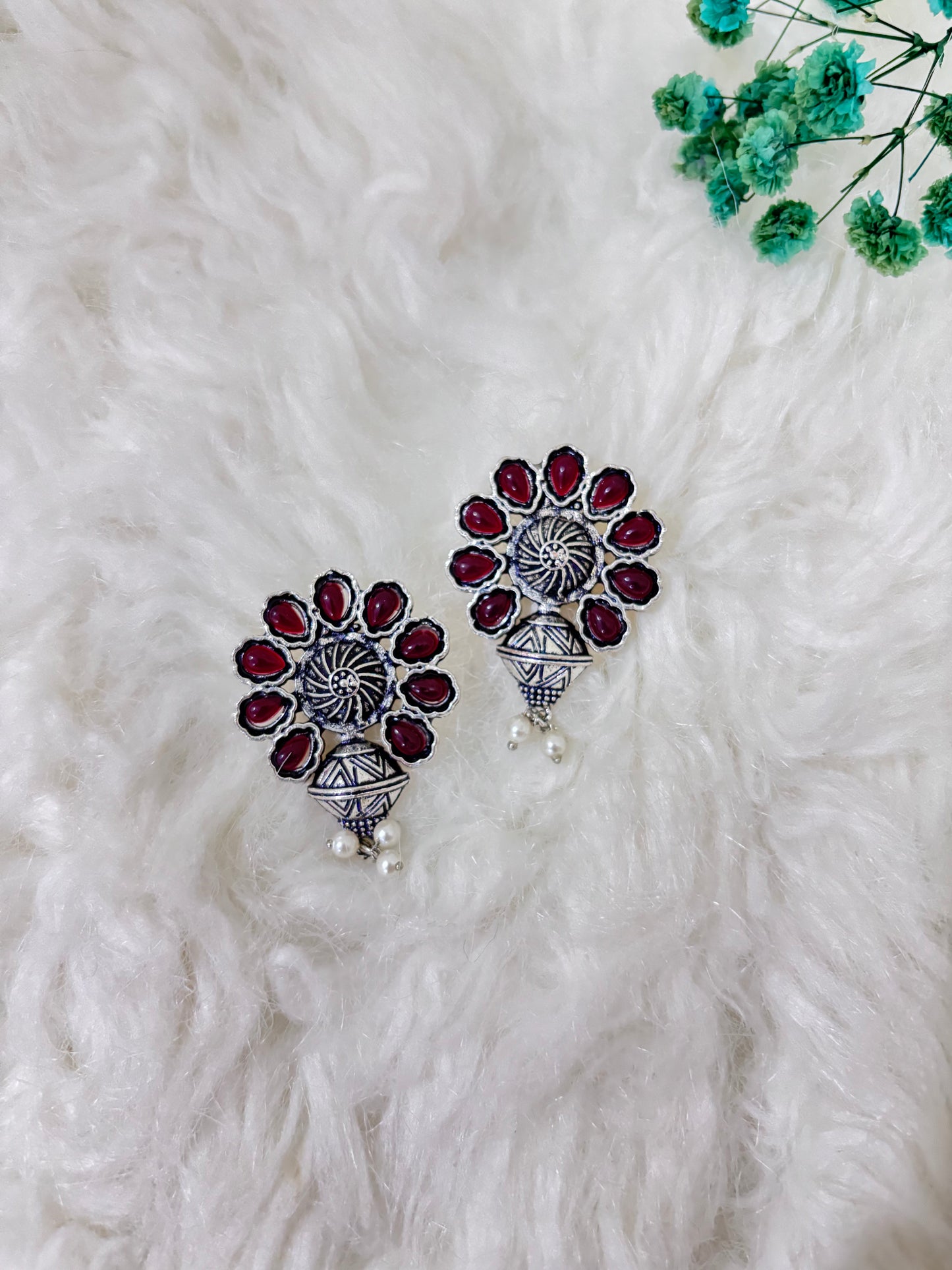 Oxidised Ruby Charm Earrings Red