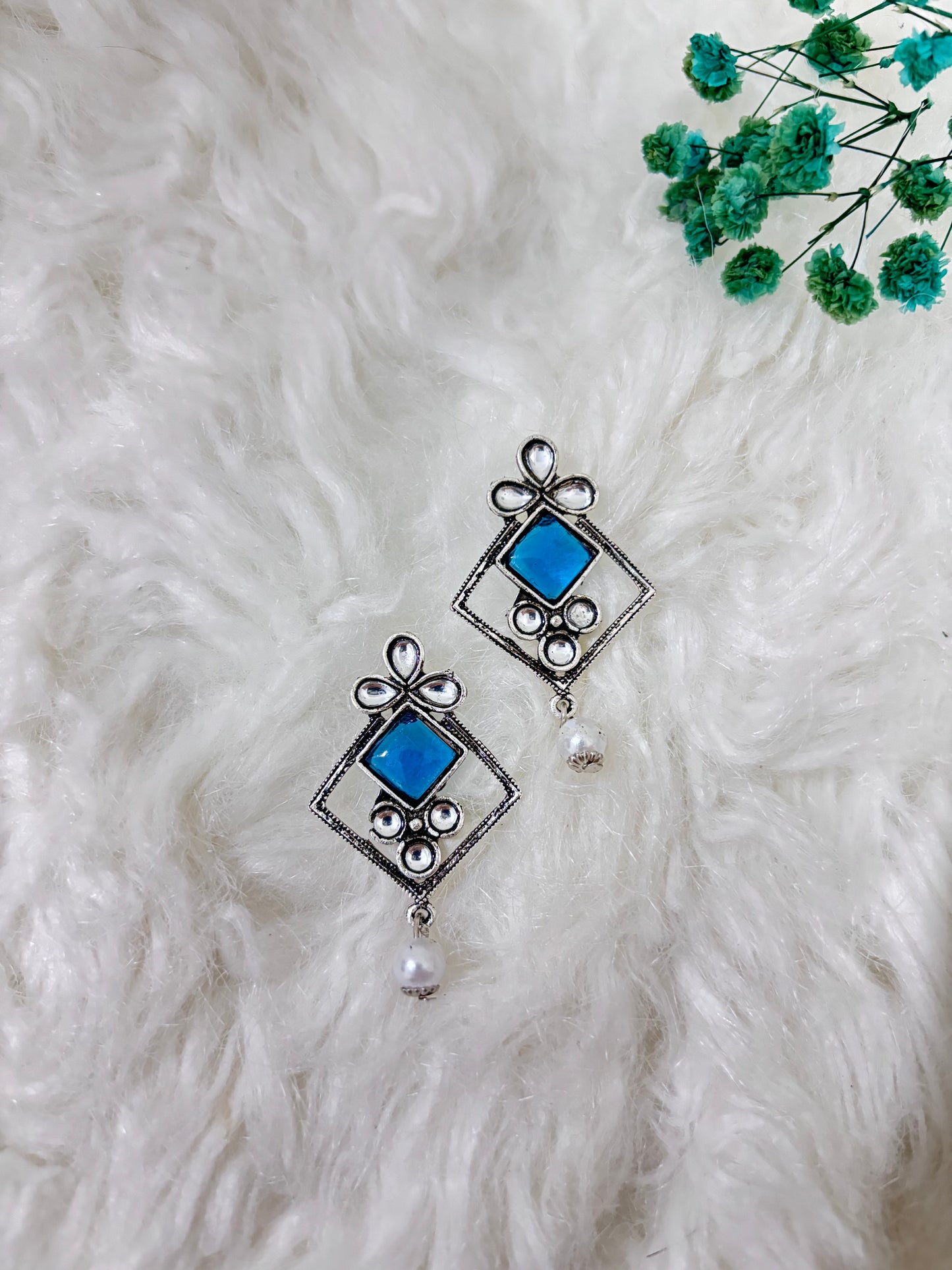 Silver Platted Triangle Turquoise Blue Oxidised Earrings