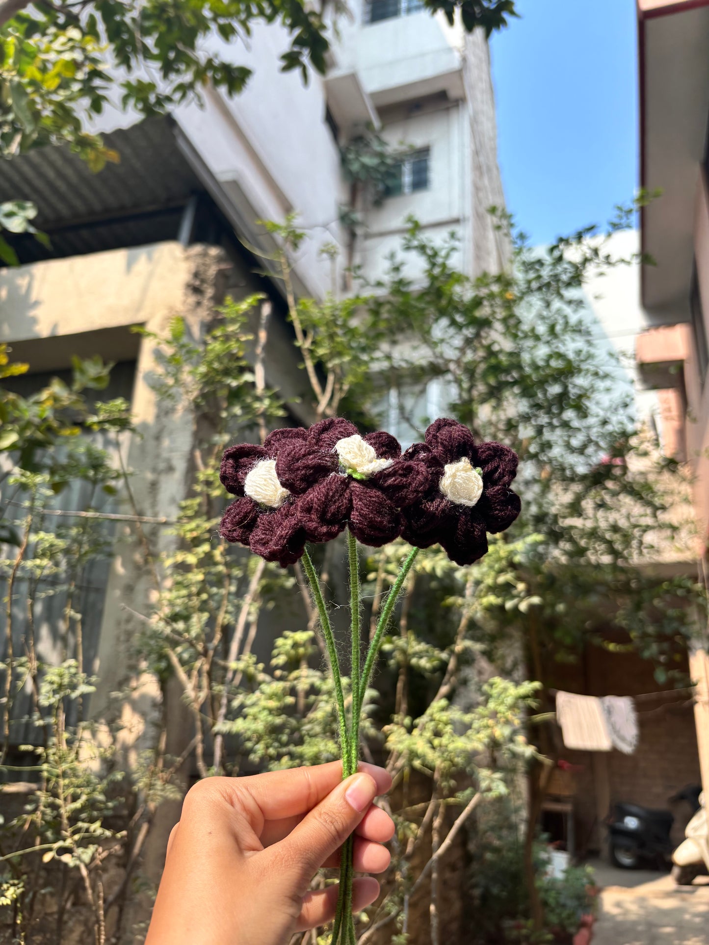 Crochet Puff Flower | Dark Brown with White Dot