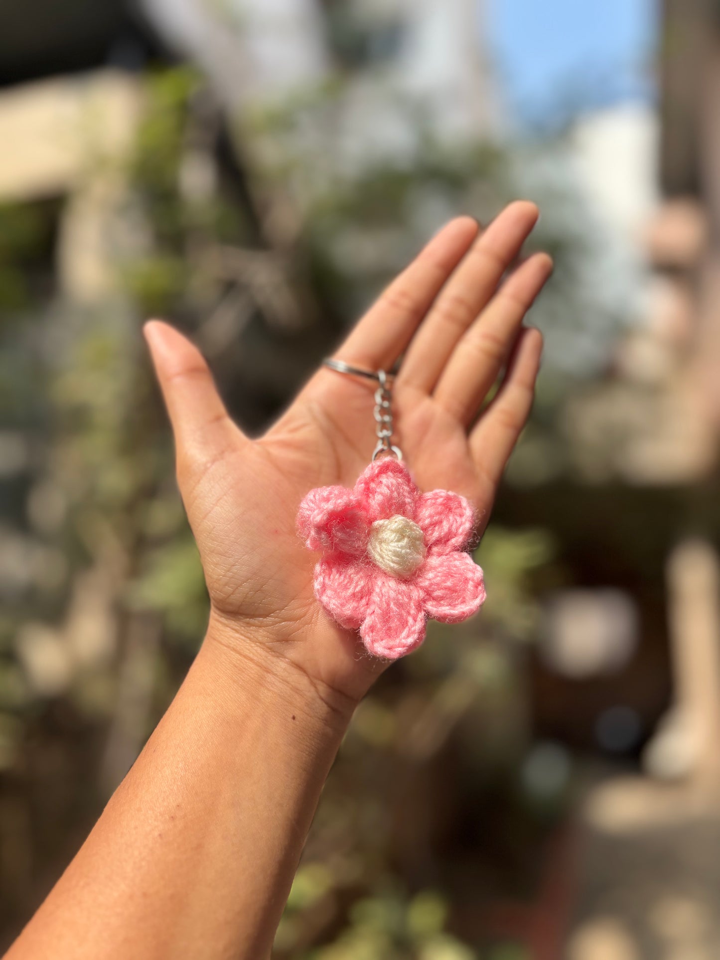 Crochet Keychain Puff Flower | Pink With White Dot