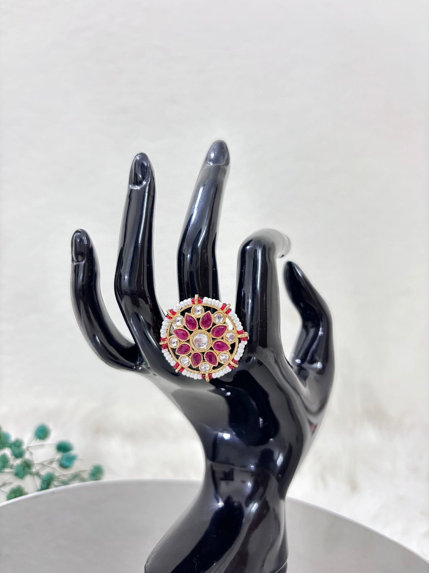 Gold Plated Kundan Rakhdi Ruby Ring