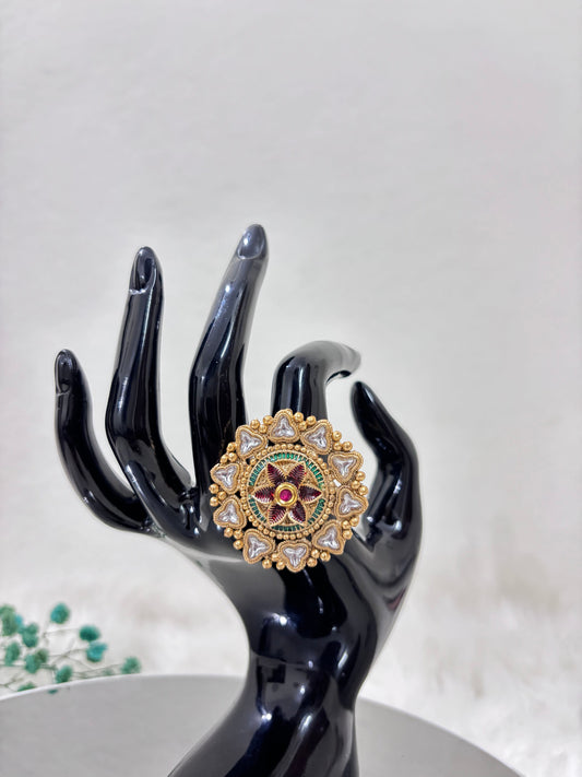 Gold Plated Kundan Multicolor Ring