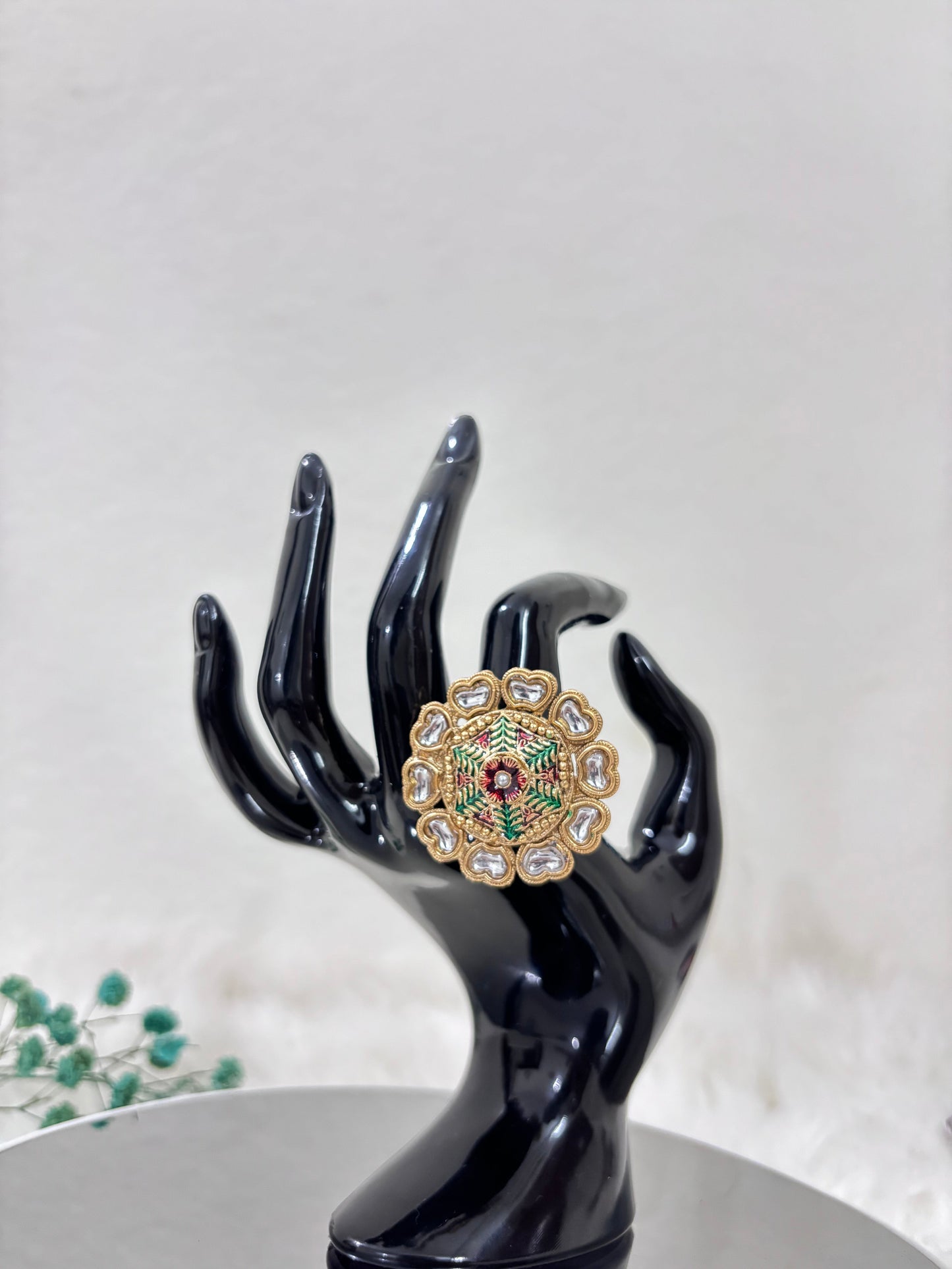 Gold Plated Large Kundan Flower Ring