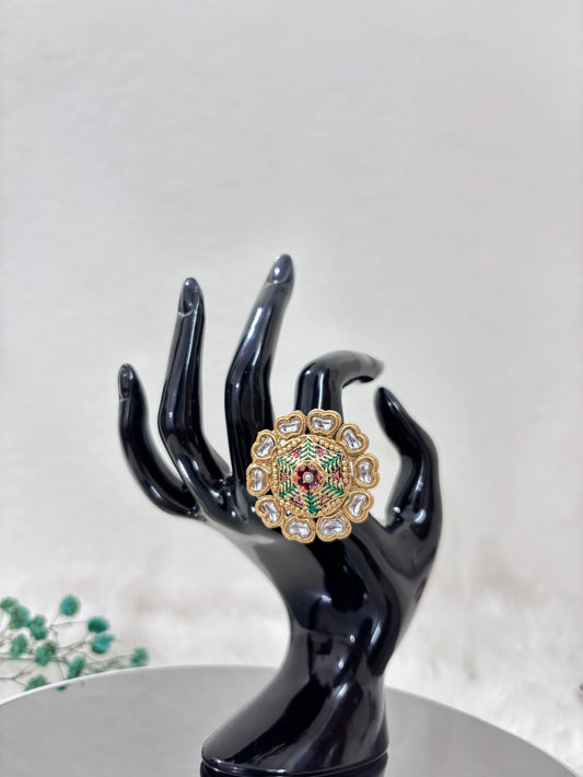 Gold Plated Large Kundan Flower Ring