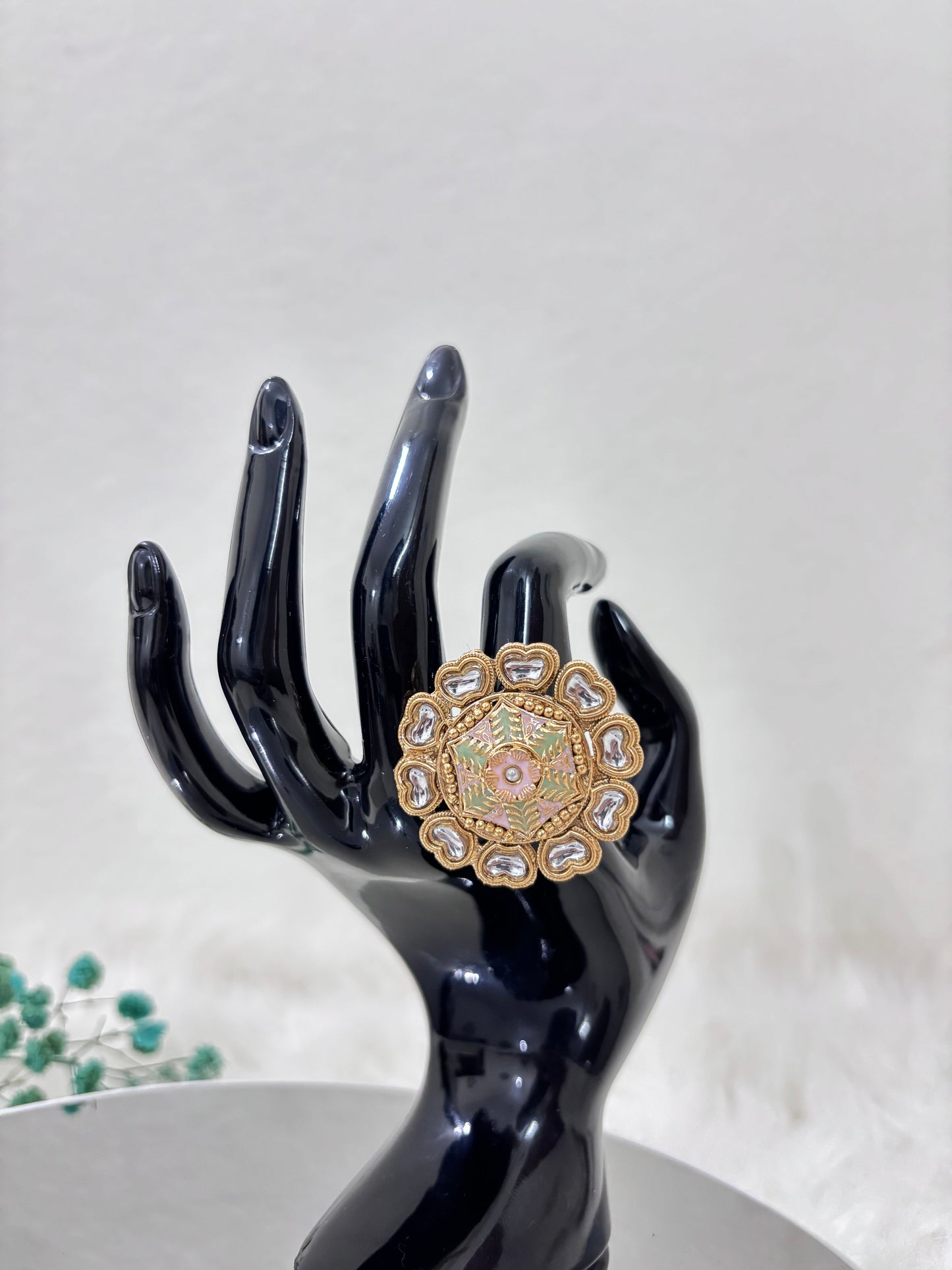 Gold Plated Large Kundan Flower Peach Ring