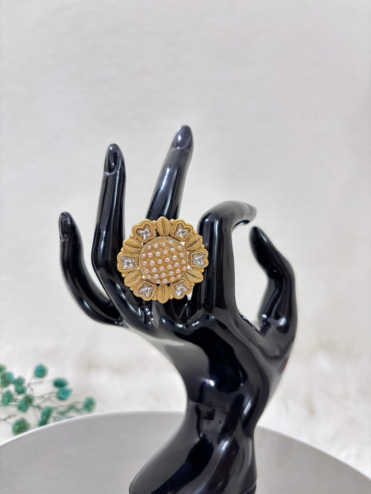 Gold Plated Sunflower Kundan Studded Ring