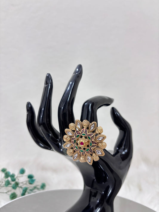 Gold Plated Multi Petal Kundan Studded Ring