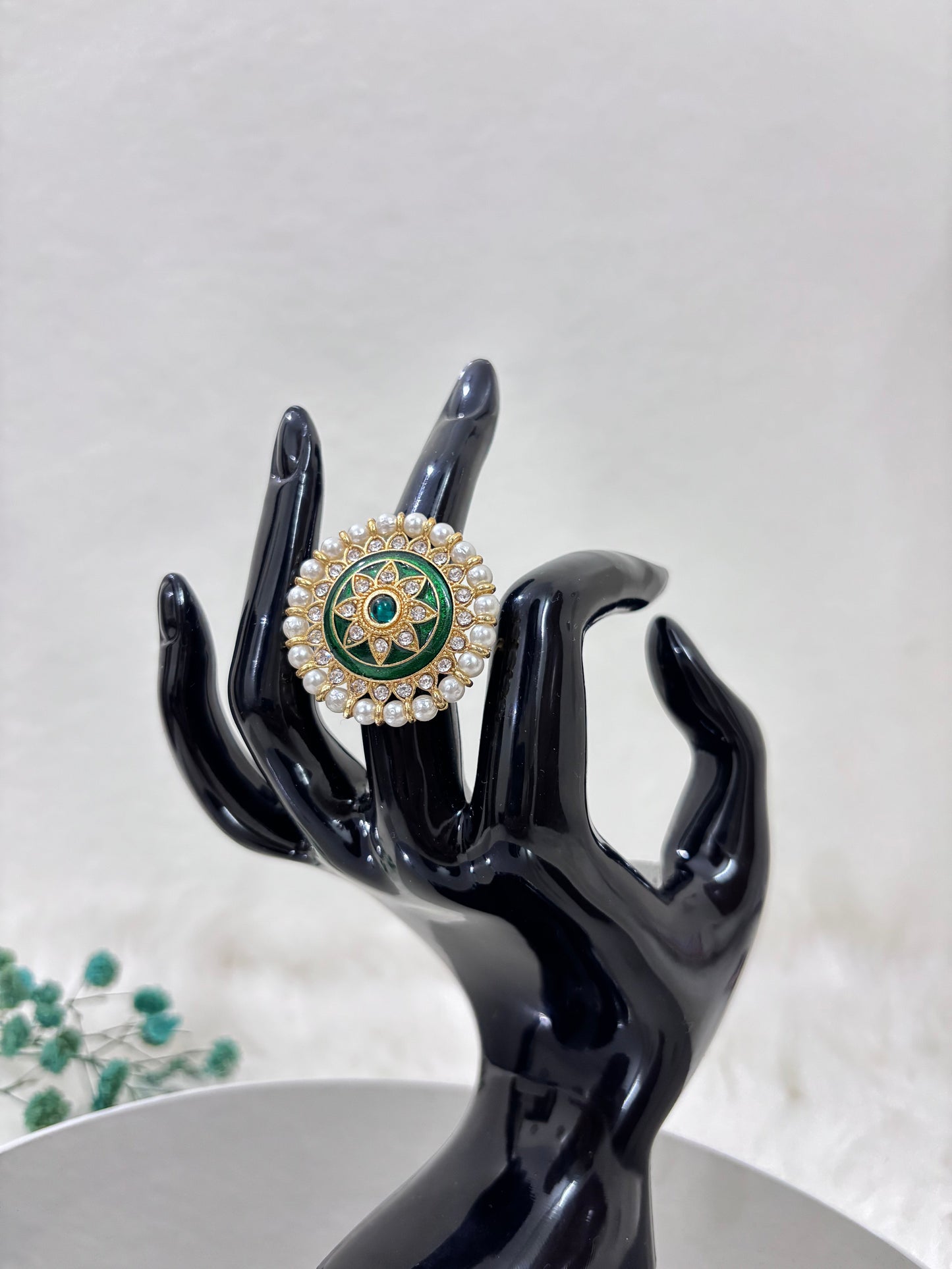 Gold Plated Pearl Studded Green Kundan Ring