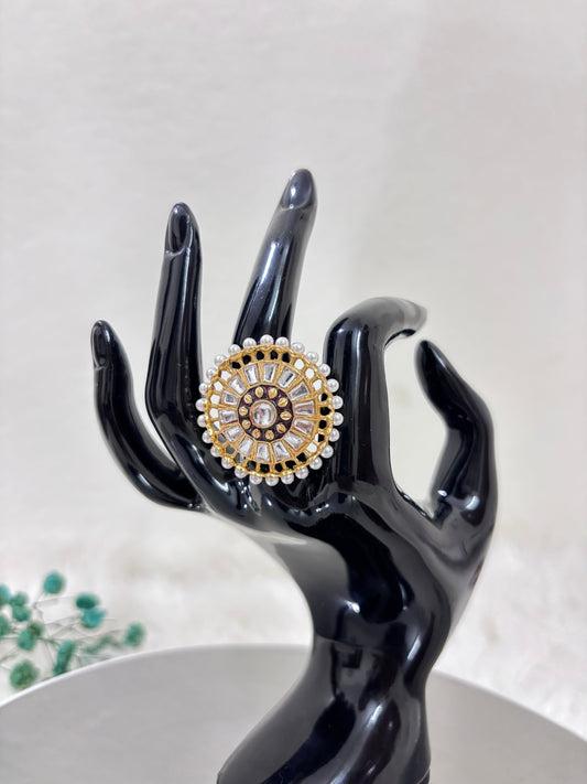 Gold Plated Pearl Studded Kundan Round Ring