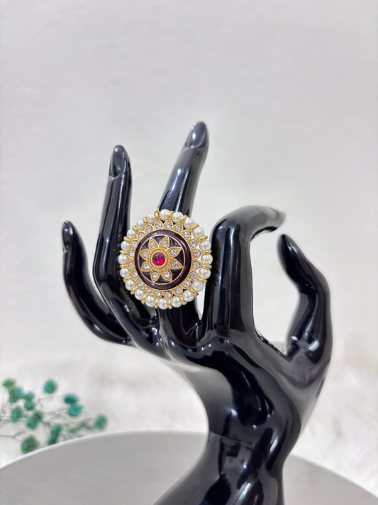 Gold Plated Pearl Studded Red Kundan Ring