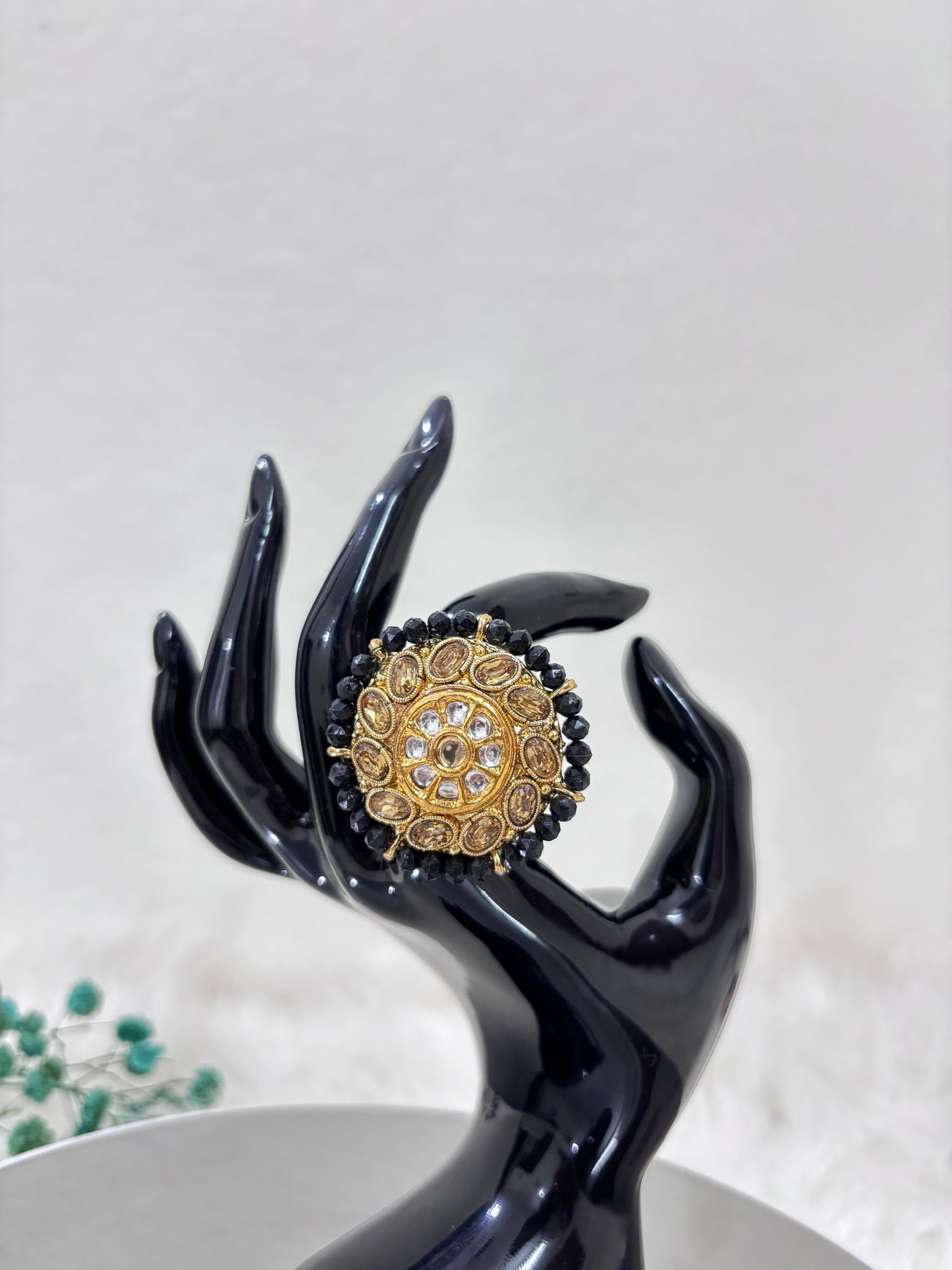 Gold Plated Crystal Stone Black Kundan Ring