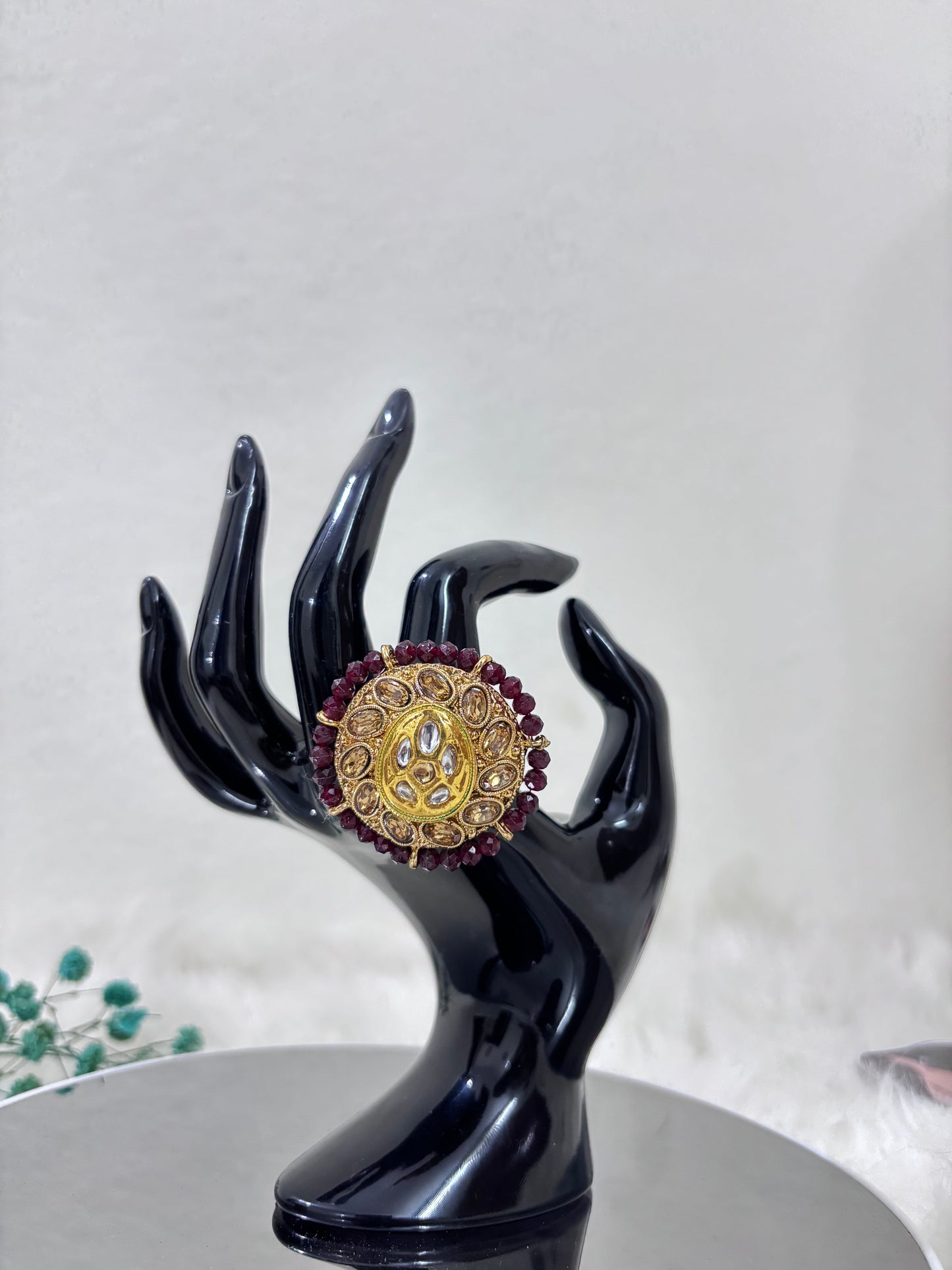 Gold Plated Crystal Stone Maroon Kundan Ring