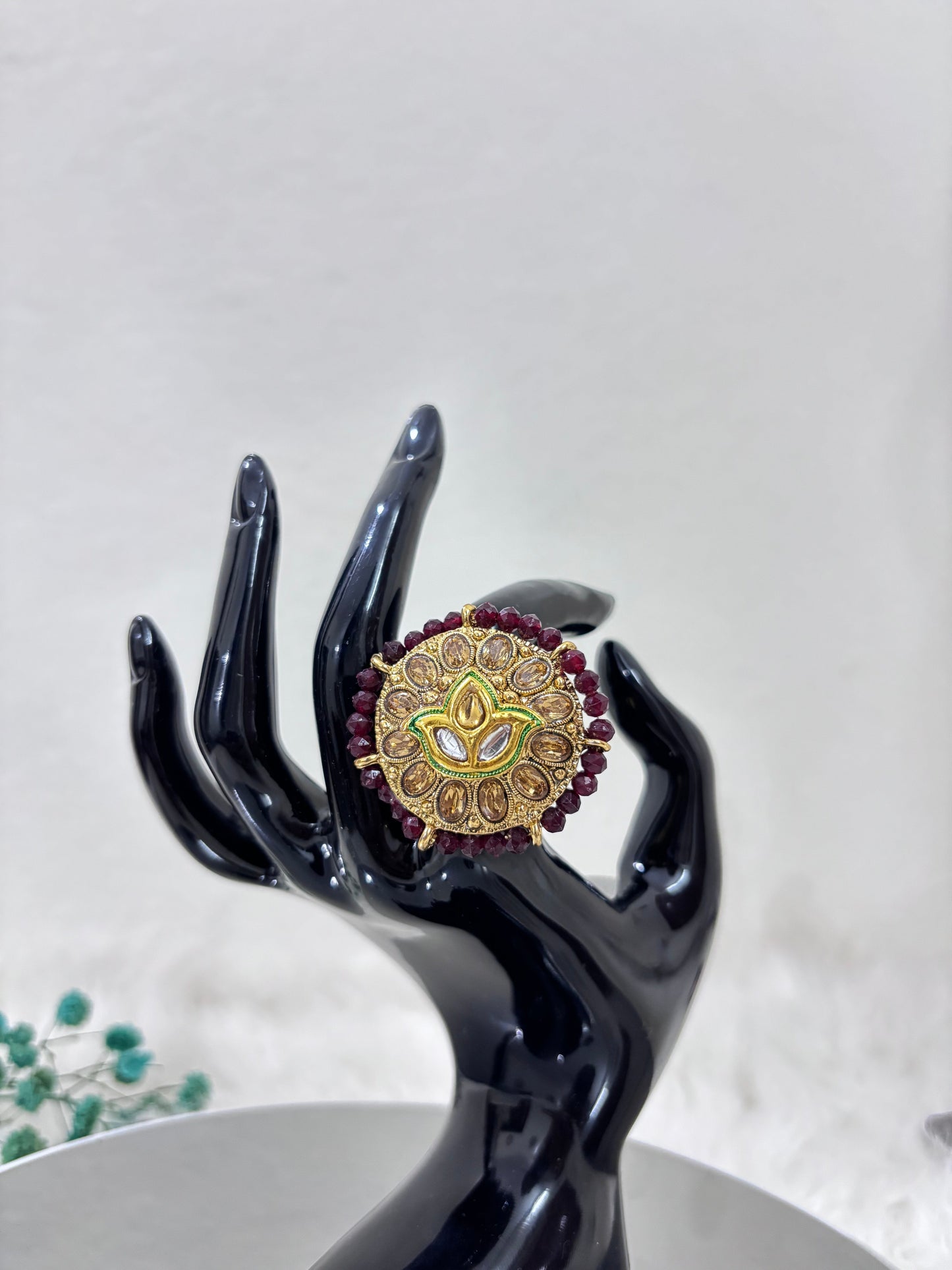 Gold Plated Crystal Stone Maroon Flower Kundan Ring