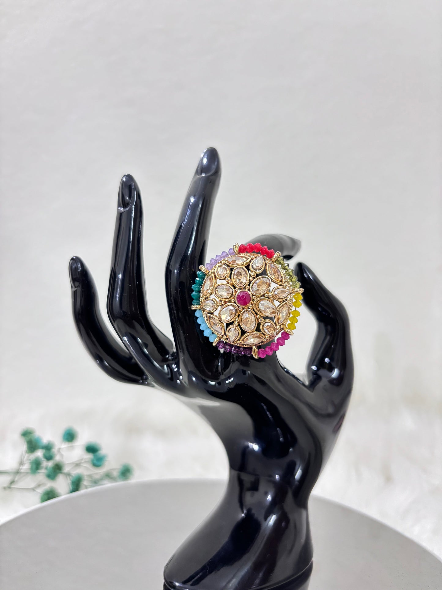 Gold Plated Crystal Stone Multicolor Kundan Ring