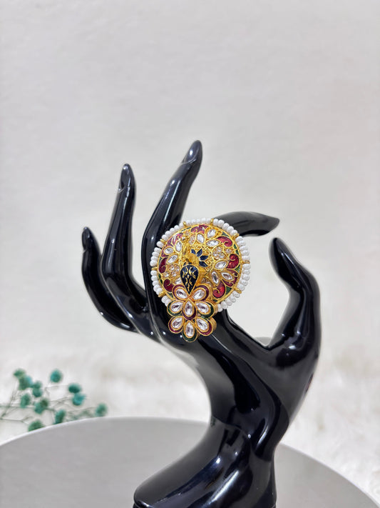 Golden Kundan Studded Peacock Ring