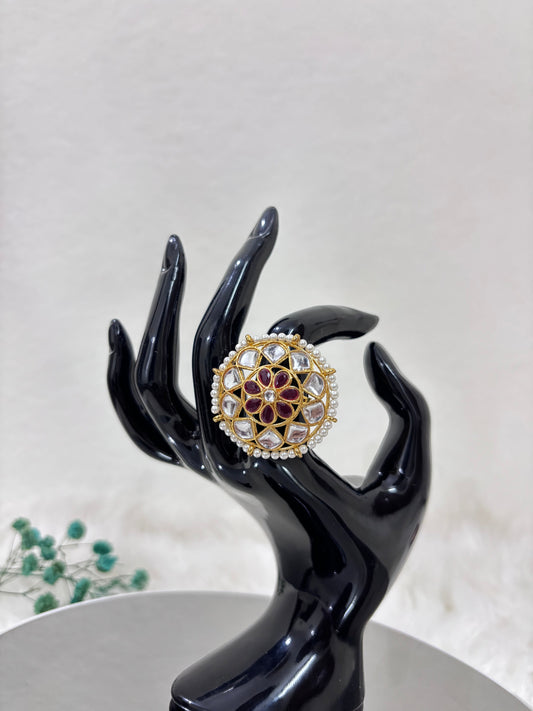 Golden Pearl Studded Kundan Red Ring