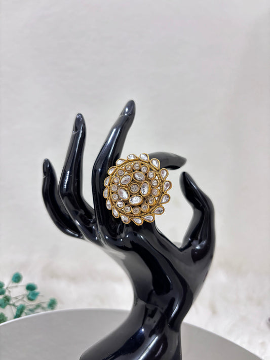 Golden Pearl Studded Kundan Crystal Ring